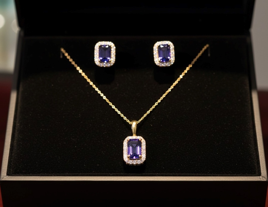 DUSK AND GOLD TANZANITE STUDS AND NECKLACE